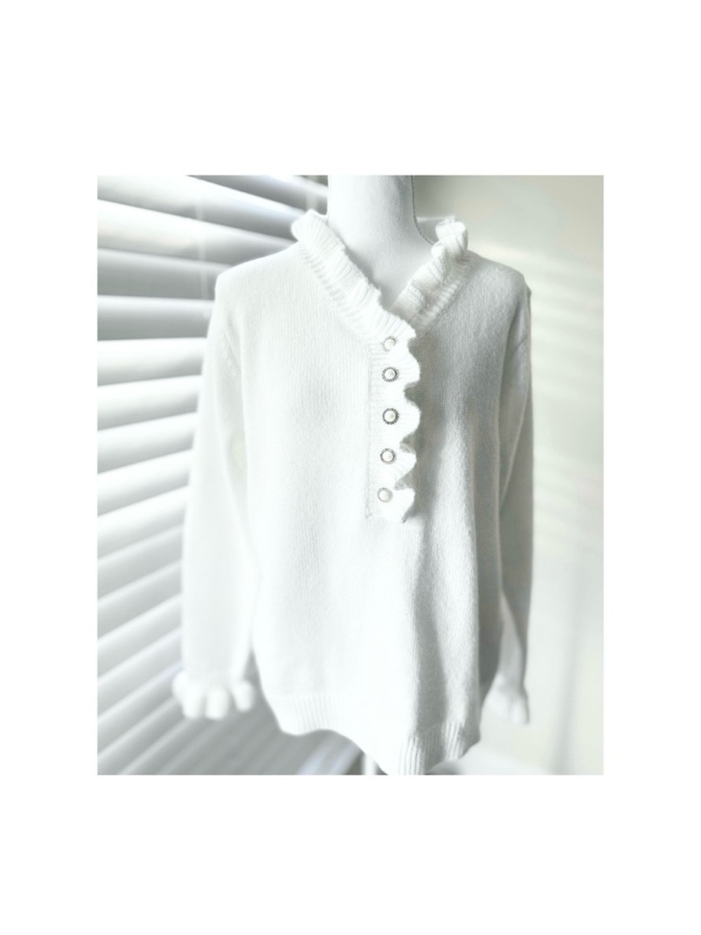 White Ruffle-Trim Button Sweater